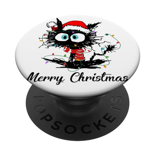 Lustige schwarze Katze mit Weihnachtsbeleuchtung PopSockets Klebender PopGrip von Funny Black Cat Christmas Apparel