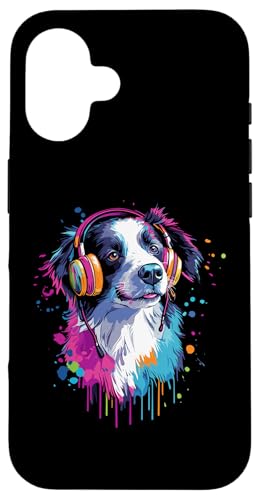 Hülle für iPhone 16 Border Collie Lover Pop Art trägt Kopfhörer Border Collie von Funny Border Collie Dog Lovers Designs