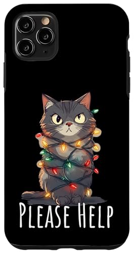 Hülle für iPhone 11 Pro Max Katze mit Lichterkette umwickelt Weihnachten lustig Hilfe von Funny Cat Christmas Please Help Design