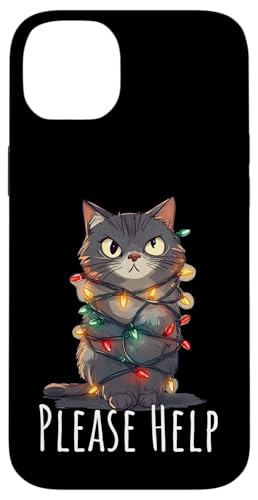 Hülle für iPhone 14 Plus Katze mit Lichterkette umwickelt Weihnachten lustig Hilfe von Funny Cat Christmas Please Help Design