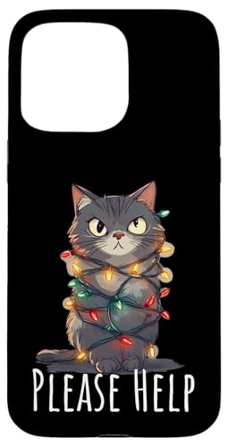 Hülle für iPhone 15 Pro Max Katze mit Lichterkette umwickelt Weihnachten lustig Hilfe von Funny Cat Christmas Please Help Design