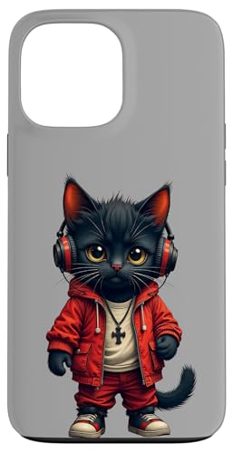 Hülle für iPhone 13 Pro Max Niedliche schwarze Katze mit Kopfhörern Hiphop Musik DJ Katzen Liebhaber von Funny Cat Dads Pet Owner Birthday Christmas Gifts