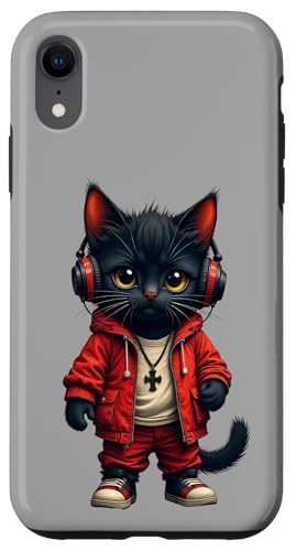 Hülle für iPhone XR Niedliche schwarze Katze mit Kopfhörern Hiphop Musik DJ Katzen Liebhaber von Funny Cat Dads Pet Owner Birthday Christmas Gifts