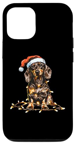 Hülle für iPhone 14 Pro Niedlicher Dackel-Weihnachtsmann-Mütze, Weihnachtsbeleuchtung von Funny Christmas Dachshund Santa Xmas Lights Design