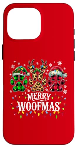 Hülle für iPhone 16 Pro Max Merry Woofmas Weihnachtsbeleuchtung mit Hundepfoten, Rentier von Funny Christmas Dog Lovers Ugly Pajamas Matching