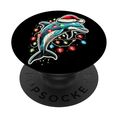 Lustiger Delfin mit Weihnachtsmannmütze, Weihnachtsbaum-Lichter PopSockets Klebender PopGrip von Funny Cute Vinatge Christmas Animals Family Outfit