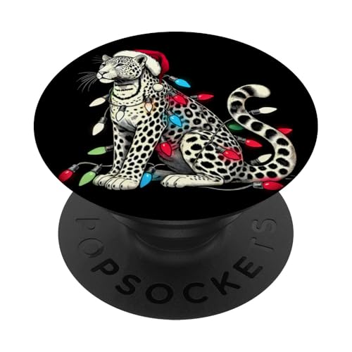 Lustiger Leopard mit Weihnachtsmannmütze und Weihnachtsbaum-Lichtern PopSockets Klebender PopGrip von Funny Cute Vinatge Christmas Animals Family Outfit