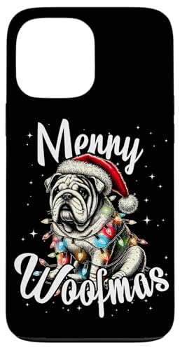 Hülle für iPhone 13 Pro Max British Bulldog Merry Woofmas Weihnachtsbeleuchtung und Weihnachtsmütze von Funny Cute Vinatge Christmas Animals Family Pajama