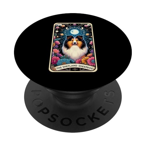 Shetland Sheepdog Tarotkarte mit Blumenmuster, Stern und Mond PopSockets Klebender PopGrip von Funny Dog Lover Tarot Card Collection