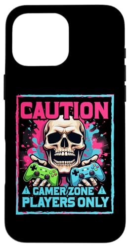 Hülle für iPhone 16 Pro Max Caution Gamer Zone Players only Funny Gamer Skelett Humor von Funny Gamer Retro Console Humor Tee