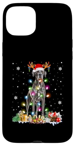 Hülle für iPhone 15 Plus Deutsche Dogge Weihnachtsmannmütze Lichterkette Pyjama Hundeliebhaber von Funny Great Dane Christmas Santa Light Apparel