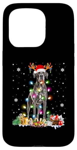 Hülle für iPhone 15 Pro Deutsche Dogge Weihnachtsmannmütze Lichterkette Pyjama Hundeliebhaber von Funny Great Dane Christmas Santa Light Apparel