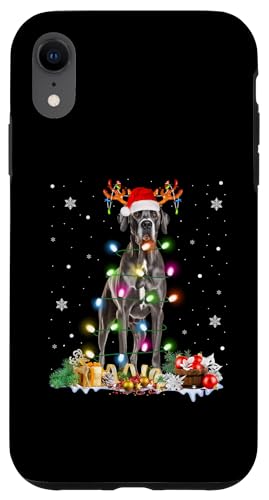 Hülle für iPhone XR Deutsche Dogge Weihnachtsmannmütze Lichterkette Pyjama Hundeliebhaber von Funny Great Dane Christmas Santa Light Apparel