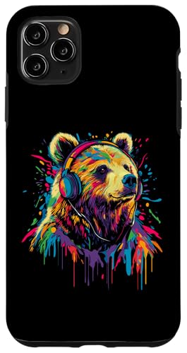 Hülle für iPhone 11 Pro Max Grizzly Bear Pop Art trägt Kopfhörer Lustiger Grizzlybär von Funny Grizzly Bear Lovers Designs