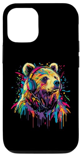 Hülle für iPhone 12/12 Pro Grizzly Bear Pop Art trägt Kopfhörer Lustiger Grizzlybär von Funny Grizzly Bear Lovers Designs