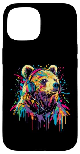 Hülle für iPhone 15 Grizzly Bear Pop Art trägt Kopfhörer Lustiger Grizzlybär von Funny Grizzly Bear Lovers Designs