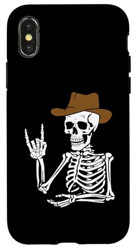 Hülle für iPhone X/XS Halloween Cowboy Skelett Rock auf Geste Gothic Erwachsene Kinder von Funny Halloween Gym Workout Casual Gothic Gift Tee