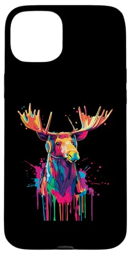 Hülle für iPhone 15 Plus Elchliebhaber Pop Art trägt Kopfhörer Lustiger Elch von Funny Moose Lovers Designs