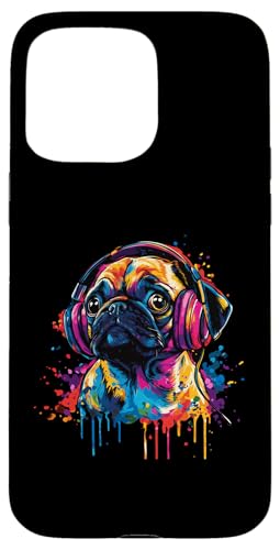 Hülle für iPhone 15 Pro Max Mops-Liebhaber Pop Art trägt Kopfhörer Lustiger Mops von Funny Pug Lovers Designs