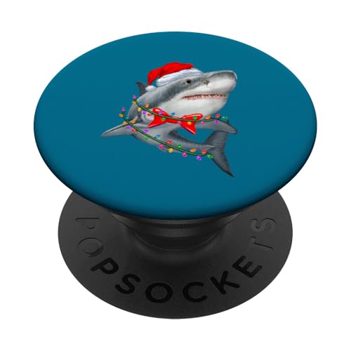 Hai mit Weihnachtsmütze und Lichterketten – Xmas Haifisch PopSockets Klebender PopGrip von Funny Shark Lover Family Christmas Shirts & Gifts