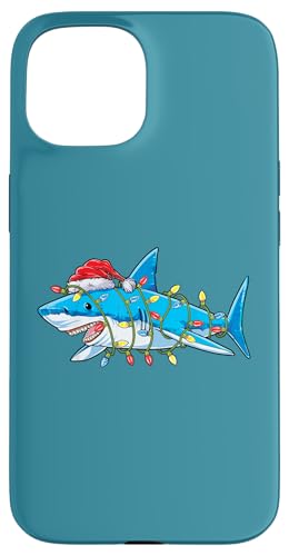 Hülle für iPhone 15 Lustiger Weihnachts-Hai mit Lichterkette und Nikolaus-Mütze von Funny Shark Lover Family Christmas Shirts & Gifts