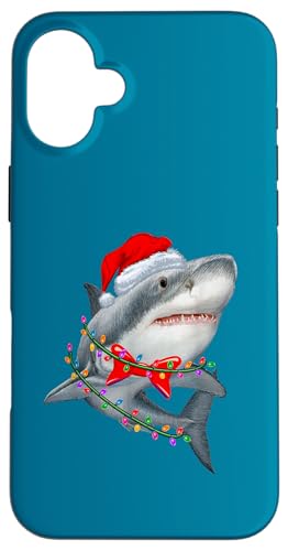 Hülle für iPhone 16 Plus Hai mit Weihnachtsmütze und Lichterketten – Xmas Haifisch von Funny Shark Lover Family Christmas Shirts & Gifts