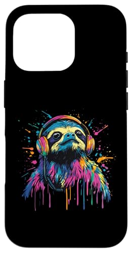 Hülle für iPhone 16 Pro Faultierliebhaber Pop Art trägt Kopfhörer Lustiges Faultier von Funny Sloth Lovers Designs