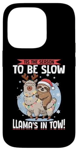 Hülle für iPhone 14 Pro Faultier Lama Weihnachten Tis the season to be slow, lama's in von Funny Sloth X-mas Graphics Co.