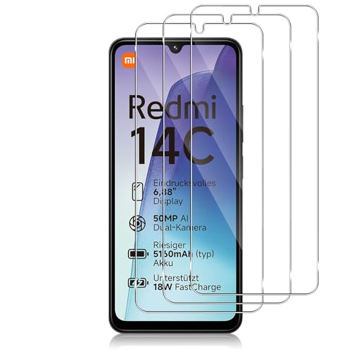 Funrae Schutzfolie für Xiaomi Redmi 14C für Panzerglas, [3 Stück] 9H Härte Displayschutzfolie, 0.33mm Ultra-Klar Folie, Anti-Kratzen Schutzglas, Anti-Bläschen Panzerfolie - Transparent von Funrae