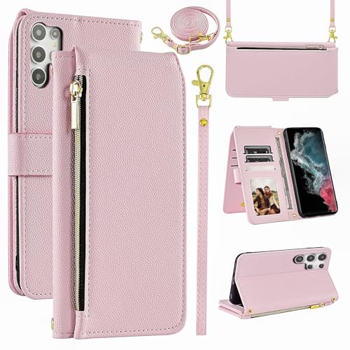 Furiet Luxuriöse Brieftaschen-Schutzhülle für Samsung Galaxy S21 Ultra 5G, mit Handschlaufe, Schultergurt, schmaler Klapp-Reißverschluss, PU-Leder, Kartenhalter, Ständer, Handyhülle, für S21ultra 21S, von Furiet