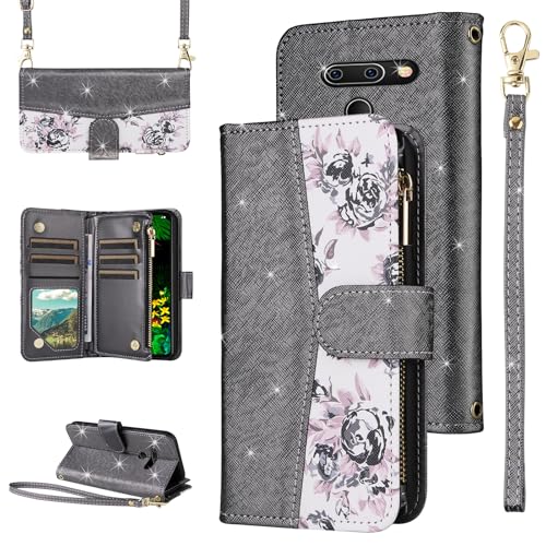 Furiet Schutzhülle für LG G8 ThinQ mit Blumenmuster, Klapp-Reißverschluss, Handschlaufe, Schultergurt, luxuriöses Glitzer-PU-Leder, Kartenhalter, Ständer, Handyhülle, für LGG8 Thin Q G 8 LG8 G8thinq von Furiet