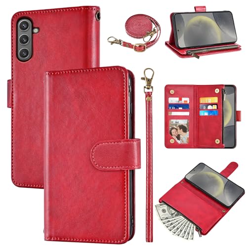 Furiet Schutzhülle für Samsung Galaxy S24 FE 5G, mit Handschlaufe und Crossbody-Gurt, PU-Leder, Rindsleder-Muster, Flip 6+, Kartenhalter, Ständer, Bargeldfach, Handyhülle für S 24 EF S24FE 24S, Damen von Furiet