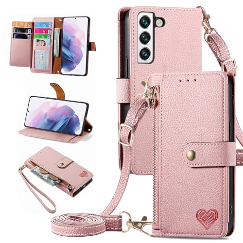 Furiet Wallet Case for Samsung Galaxy S21 FE 5G Zipper Pocket Purse with Shoulder Wrist Strap Leather Flip Kickstand Card Holder Phone Cover for S 21 EF S21FE5G UW S21FE 21S G5 6.4 inch Pink von Furiet