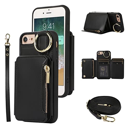 Wallet Case for iPhone 7/8/SE 2020/2022 Leather Clasp Flip Zipper Purse Case with Shoulder Strap Card Holder Phone Cover for iPhone7 iPhone8 7s 8s i SE2020 SE2022 2/2nd/3/3rd Generation SE2 SE3 Black von Furiet