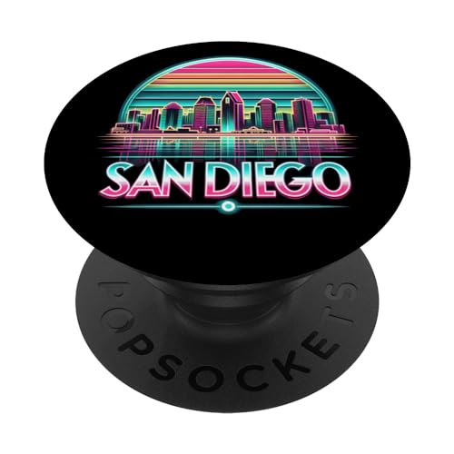 San Diego California CA Bunte 80er 90er Jahre Retro City Skyline PopSockets mit austauschbarem PopGrip von Futuristic City Skyline Apparel US State Souvenir