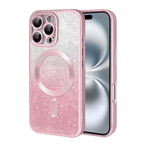 Fycyko Magnetische Schutzhülle für iPhone 16 Pro, glitzernd, niedlich, vergoldet, luxuriös, Kameraschutz, für iPhone 16 Pro, Rosa von Fycyko