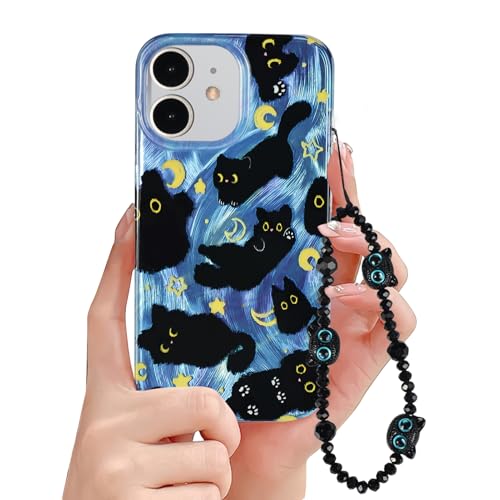 Fycyko Schutzhülle für iPhone 12/12 Pro, niedliches Katzenmuster, ästhetisch, cool, Mädchen, mit Handy-Charms, Riemen, Kette, Schutzhülle für iPhone 12/12 Pro, Blau von Fycyko