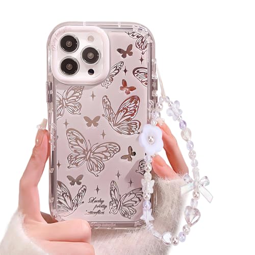 Fycyko Schutzhülle für iPhone 13 Pro Max mit Handy-Charm/Kette, Spiegel, Schmetterling, niedliche Handyhülle mit Perlenblumen-Armband, luxuriöse Handyhülle für Damen und Mädchen von Fycyko