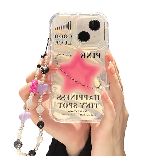 Fycyko Schutzhülle für iPhone 14 & iPhone 13 mit Handy-Charm/Kette, funkelndes rosa Sternmuster, transparente niedliche Handyhülle mit Perlen-Liebesherz-Armband, luxuriöses Bling Frauen Mädchen von Fycyko