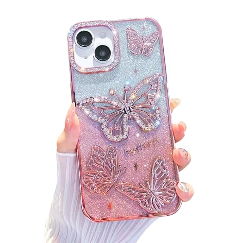 Fycyko Schutzhülle für iPhone 15, mit luxuriöser Glitzerbeschichtung, niedlicher Schmetterling, Strass, funkelndes Design, ästhetisch, für Damen und Mädchen, glänzend, Kamera-Schutzhülle, Rosa von Fycyko