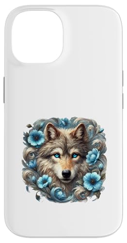 Hülle für iPhone 14 Wolf umgeben von Blumen von G Hall Marketing