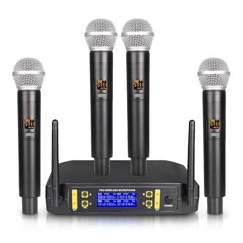 G-MARK 4 Kanäle Wireless Mikrofon Karaoke System mit 4 Handmikrofonen 50.0 m Reichweite Dynamische Mikrofone für Karaoke Singen DJ Party Kirche Hochzeit von G-MARK