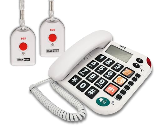 G-TELWARE MAXCOM KXT481SOS 2023-2024er Modell Haus Notruf Seniorentelefon mit Funk-SOS-Sender, Festnetztelefon - 2 Handsender mit Schlaufe, Carbonschwarz, Standard von G-TELWARE