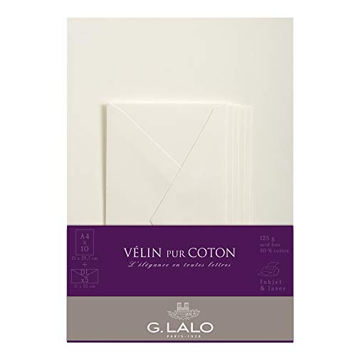 G. Lalo Lalo 61800L Korrespondenz Set Vélin Papier (mit 5 Blatt DIN A4, 21 x 29,7 cm, 125 g, säurefrei, gerade Kante und 5 Umschläge, 11 x 22 cm, nassklebend) creme von G. Lalo