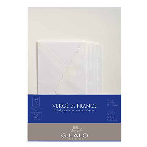 Lalo 62750L Korrespondenz Set Vergé de France (mit 5 Blatt DIN A4, 21 x 29,7 cm, 100 g, säurefrei, gerade Kante und 5 Umschläge, 11 x 22 cm, nassklebend und gefüttert) Extra Weiß von G. Lalo