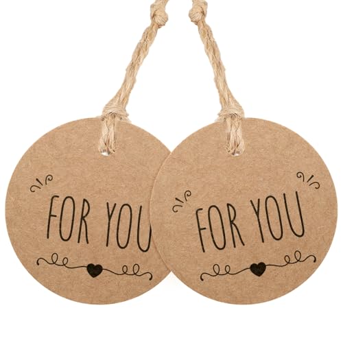 G2PLUS 5CM “FOR YOU” Kraftpapier Anhänger, 100 Stück Runden Geschenkanhänger, Braun Geschenk Etiketten,Papier Geschenkanhänger mit 20M Juteschnur für Geschenke, Handgefertigte Ware. von G2PLUS