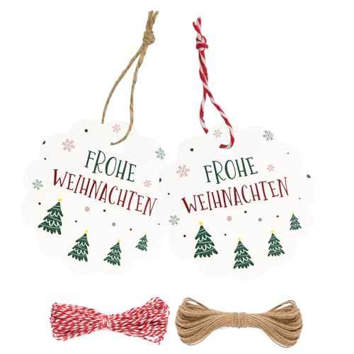 G2PLUS Weiß "FROHE WEIHNACHTEN" Anhänger, 100 Stück Geschenkanhänger mit Frohe Weihnachten, 6CM Papier Weihnachtsanhänger mit Schnur, Weihnachten Etiketten Anhänger für Geschenk, Weihnachten Deko von G2PLUS