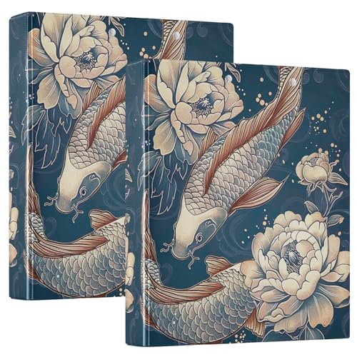 Koi-Fisch-Blumenmuster, 3,8 cm, 3-Ringbuch mit Taschen, 200 Blatt Kapazität, niedliche Ordner für die Schule, 2 Stück von GAIREG