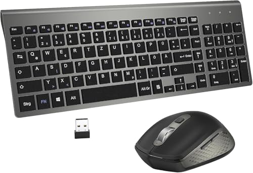 Tastatur Maus Set Kabellos - (Deutsch) USB QWERTZ Funk Tastatur Klein Maus Ultradünne Leise Ergonomisch Tastatur für Computer/PC/Laptop/Smart TV/Windows - Schwarz von GALENMORO