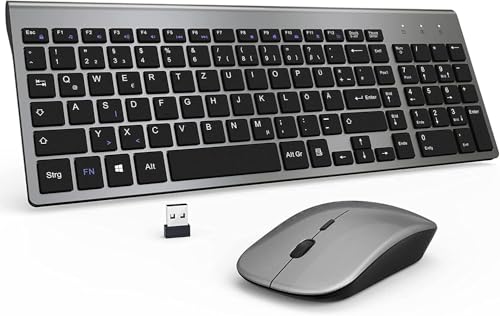 Tastatur Maus Set Kabellos - USB QWERTZ Funk Tastatur Klein Maus Ultradünne Leise Ergonomisch Tastatur für Computer/PC/Laptop/Smart TV/Windows (Schwarz Gray, Medium) von GALENMORO